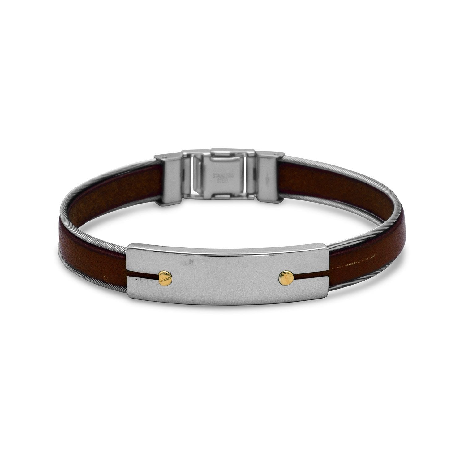 8.5" Stainless Steel and Leather Men's Bracelet with 18 Karat Gold Accents