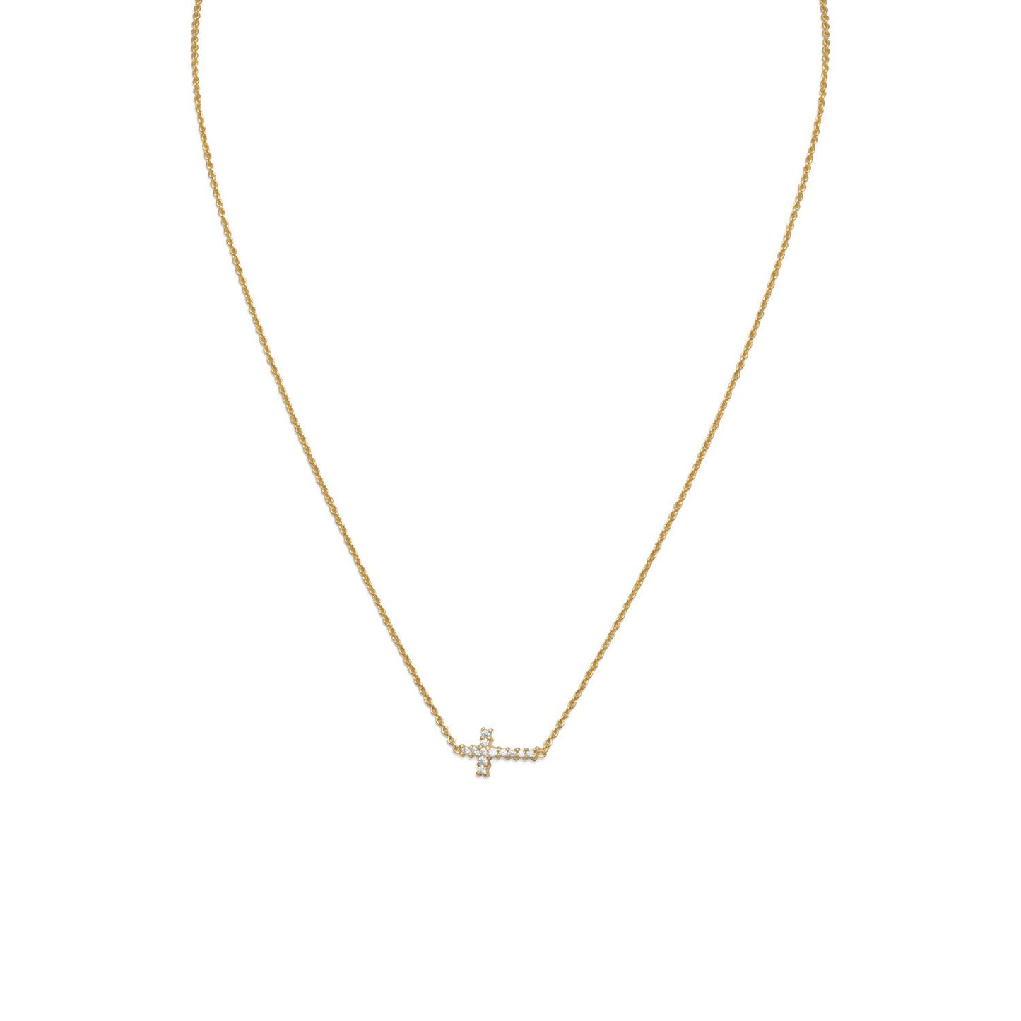 16" 14 Karat Gold Plated Necklace with Sideways CZ Cross