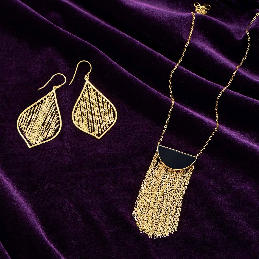 14 Karat Gold Plated Black Onyx and Fringe Necklace