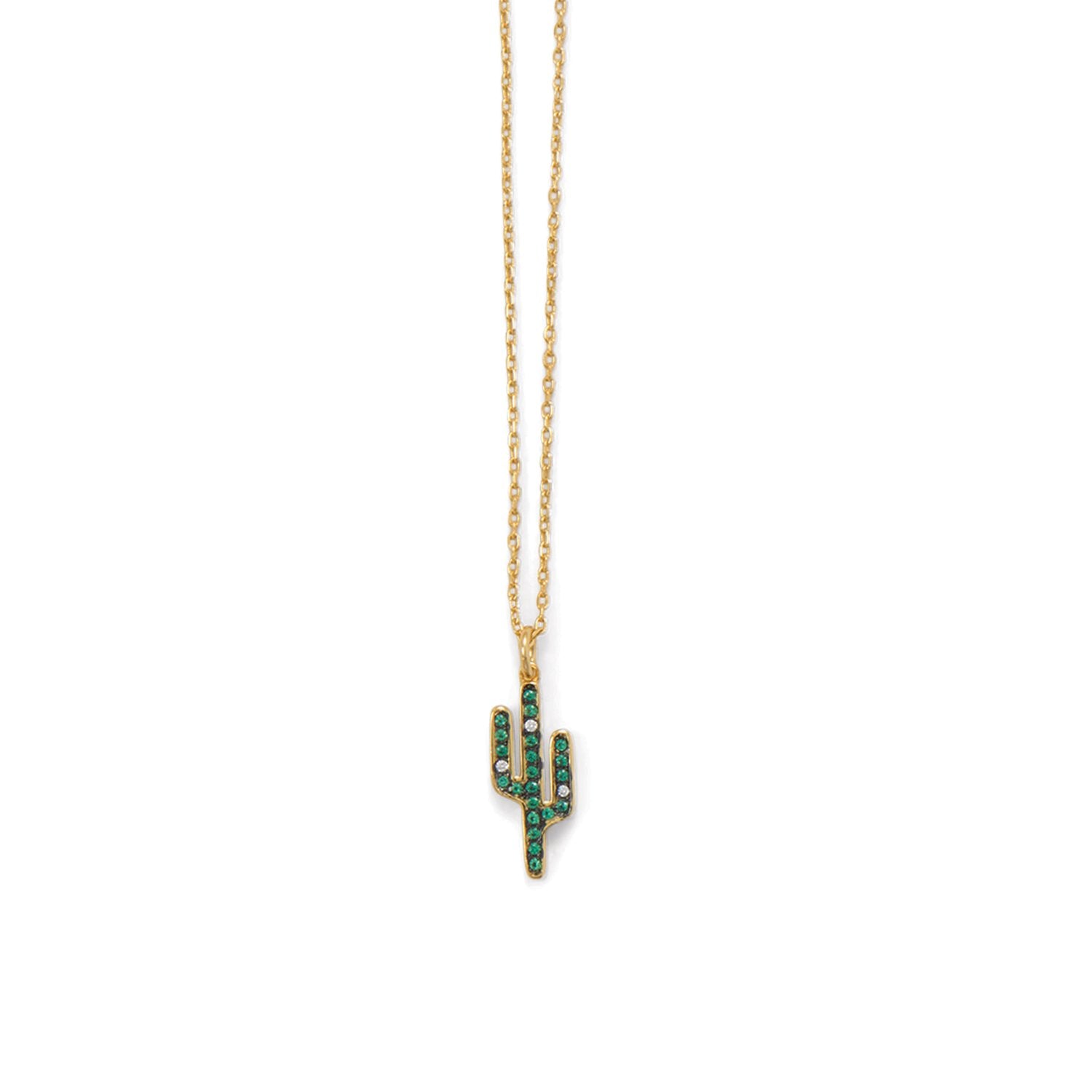 14 Karat Gold Plated CZ Saguaro Cactus Charm Necklace