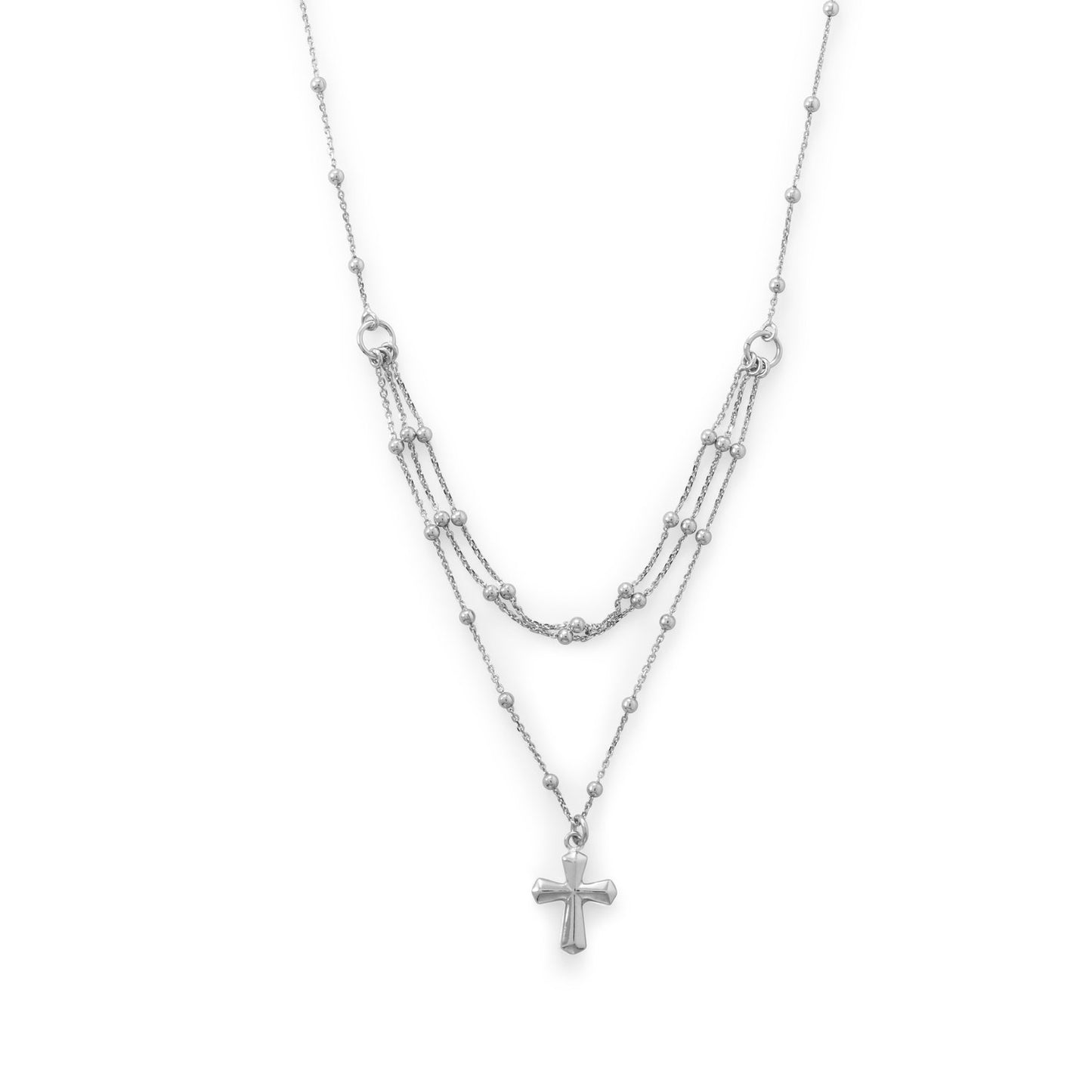 Rhodium Plated Three Row Necklace with Cross