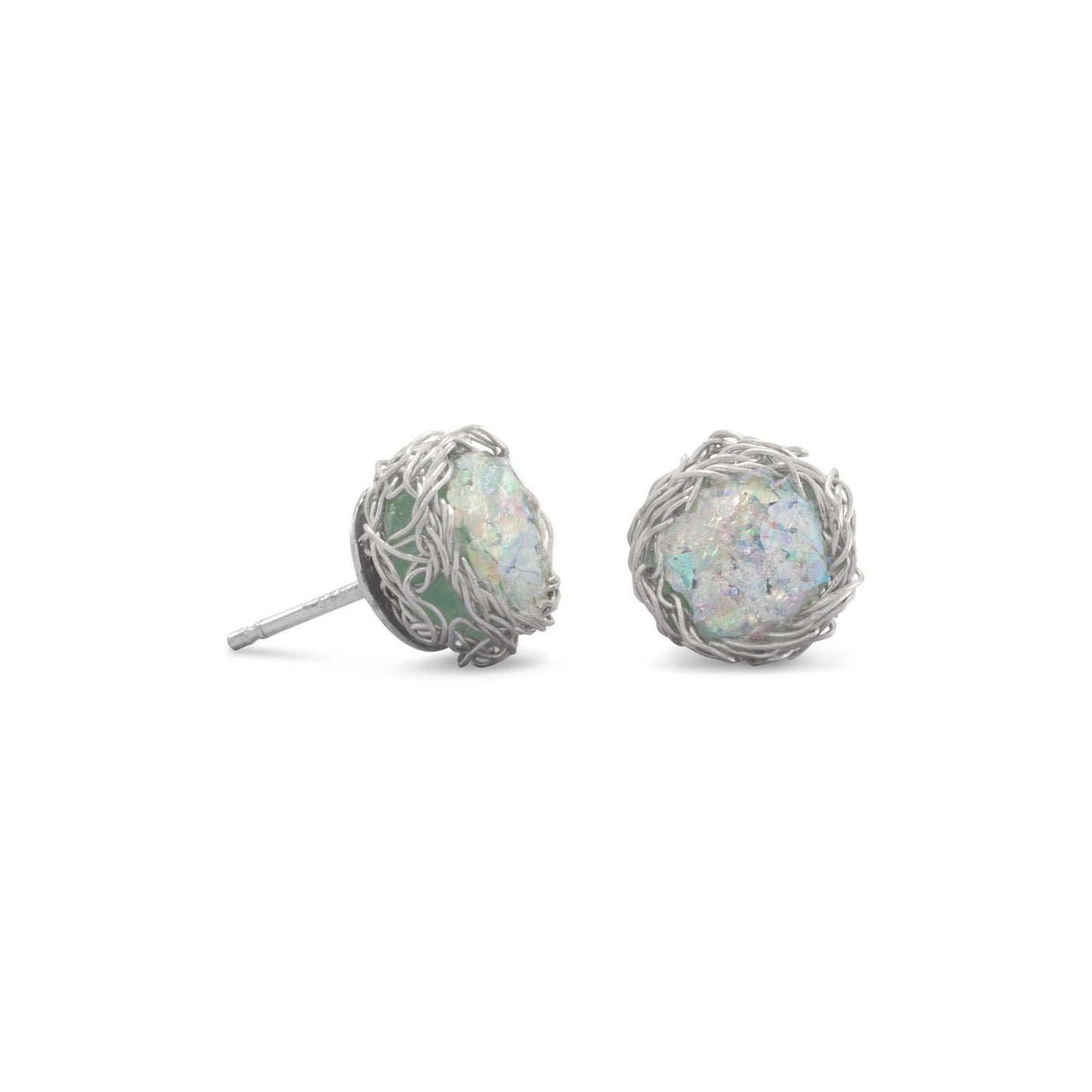 Round Ancient Roman Glass Stud Earrings with Woven Wire Mesh