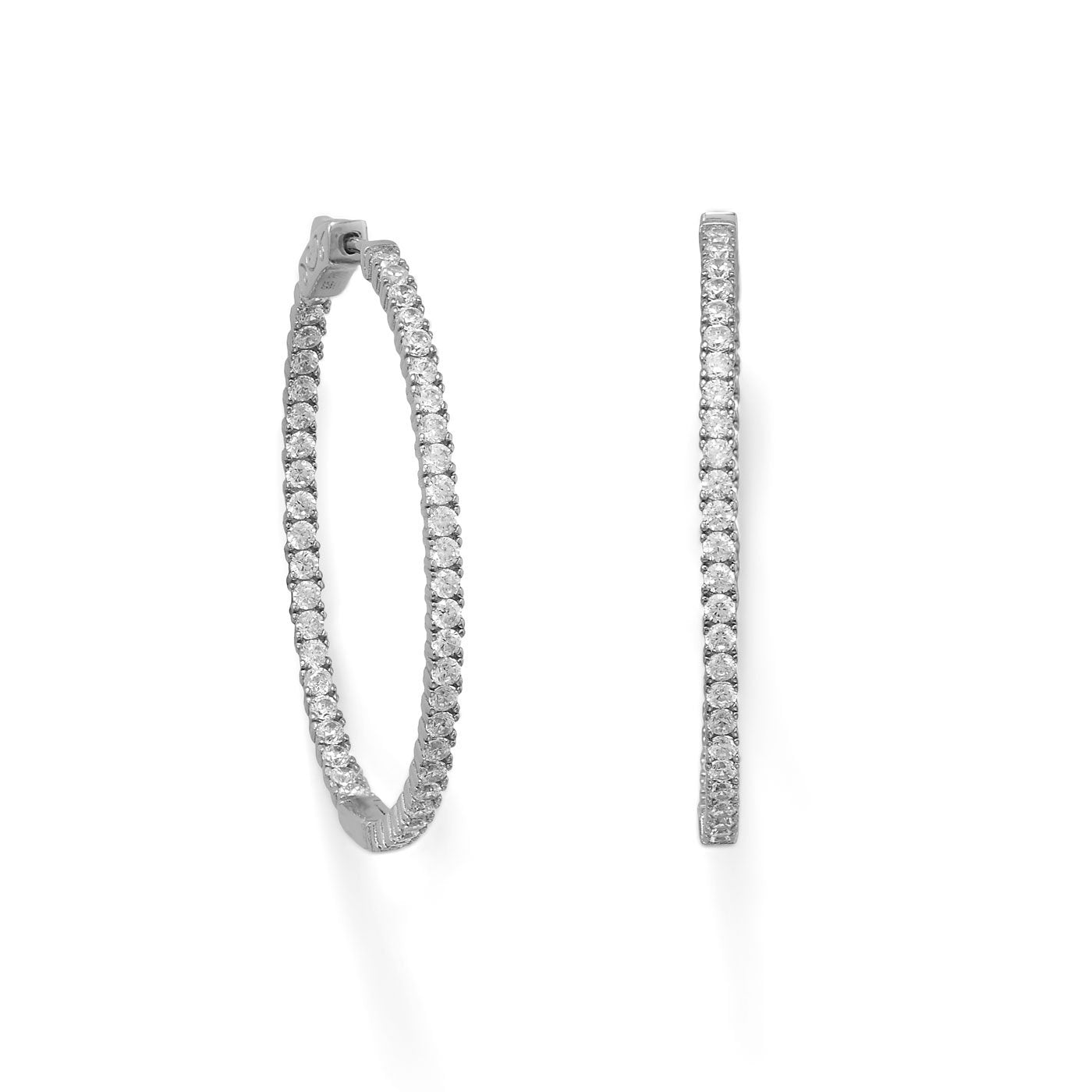 Rhodium Plated Oval In/Out CZ Hoop Earrings