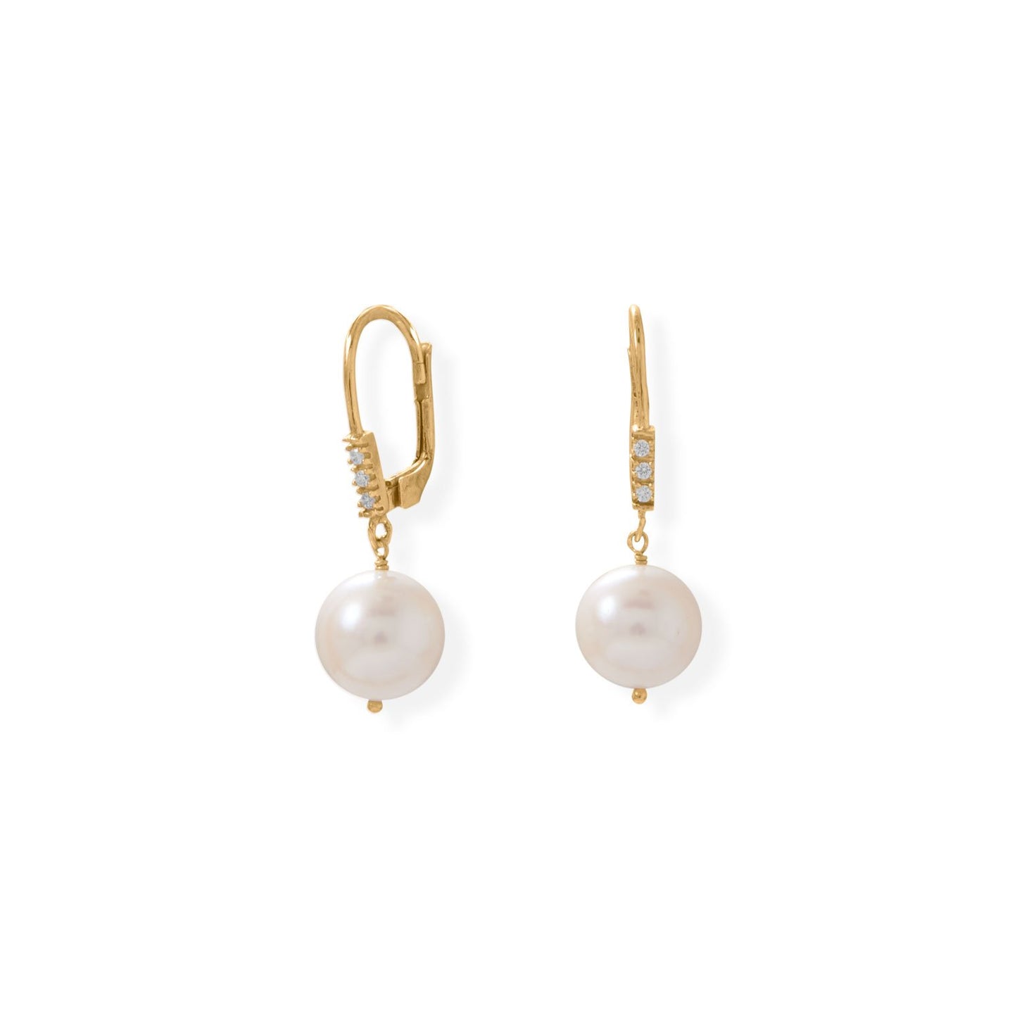 Gold Plated Cultured Freshwater Pearl and CZ Lever Earring