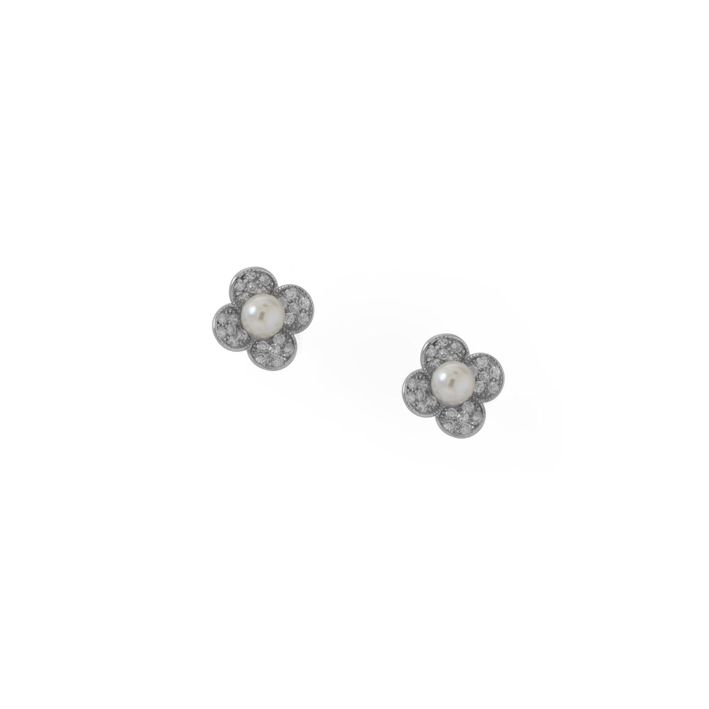 Rhodium Plated Simulated Pearl and Pave CZ Flower Earrings