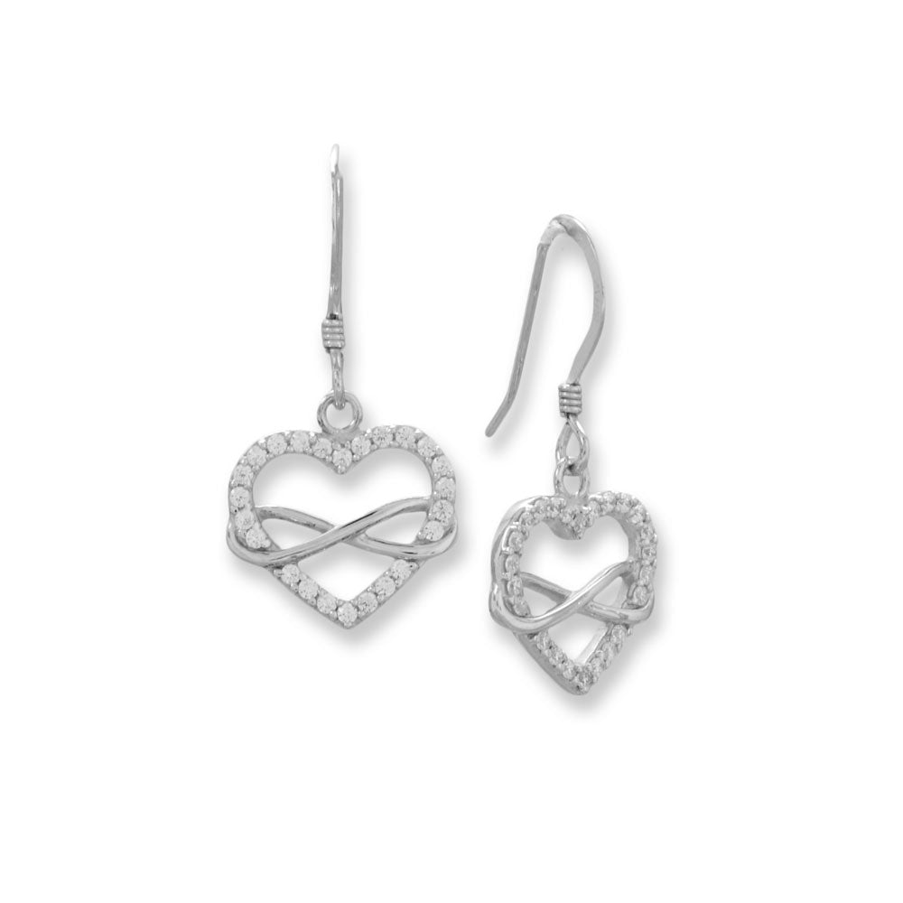 Rhodium Plated CZ Heart and Infinity French Wire Earrings