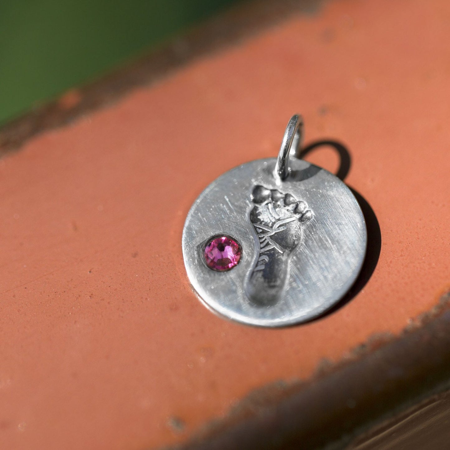 Footprint Charm with Pink Crystal