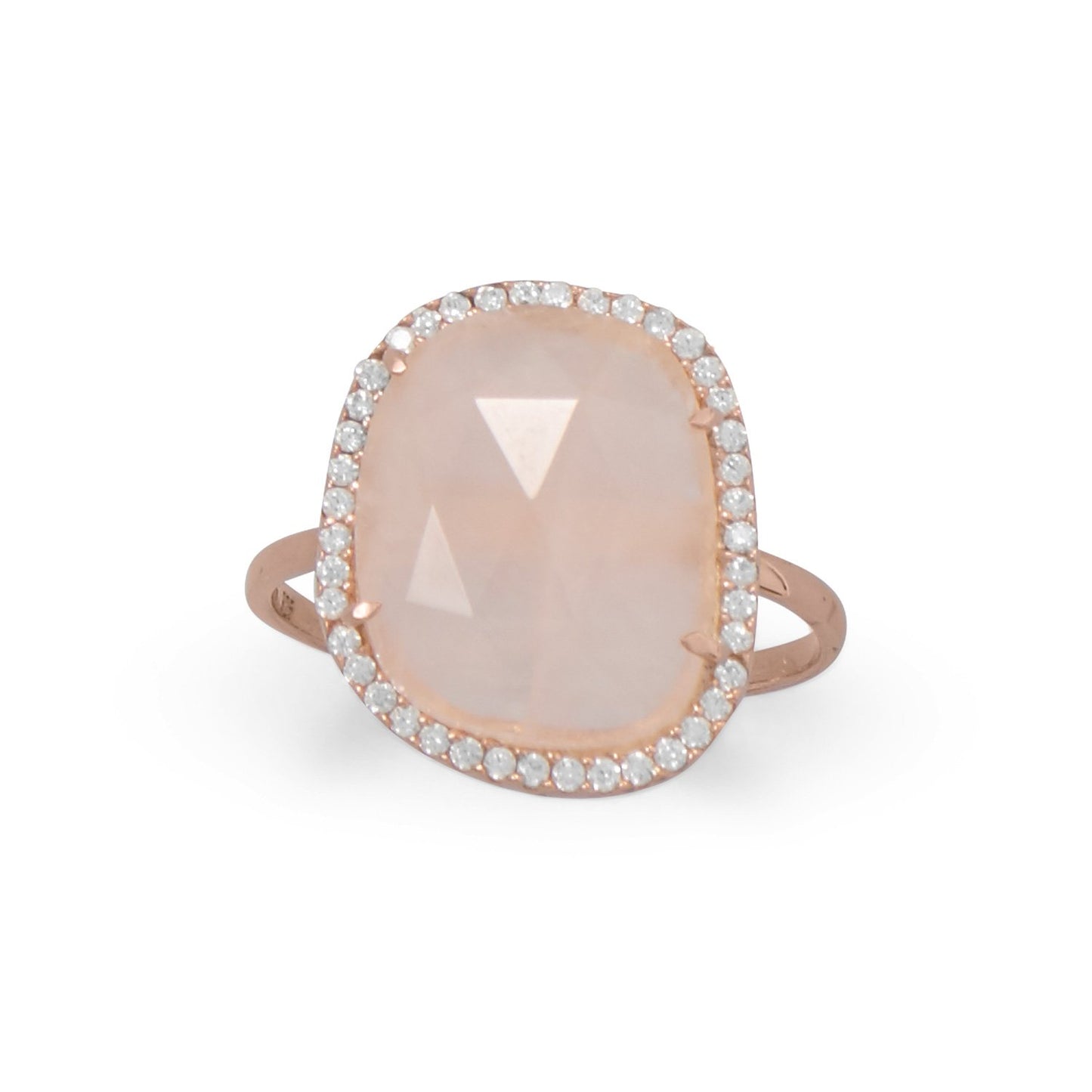 14K Rose Gold Plated Rose Quartz and CZ Halo Ring