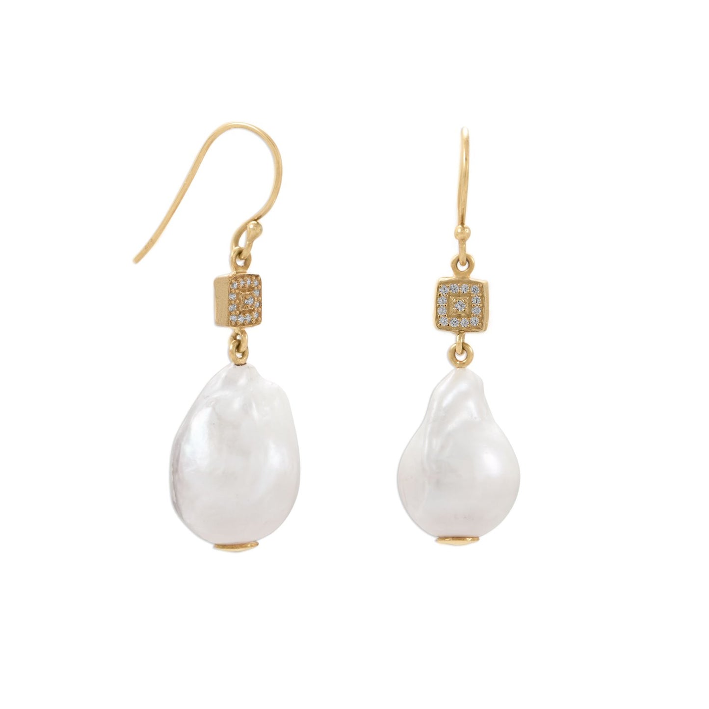 14 Karat Gold Plated CZ and Baroque Pearl Earrings